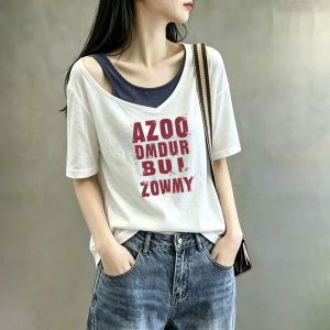 V.C.I | Off-shoulder Letter Print Short Sleeve T-Shirt