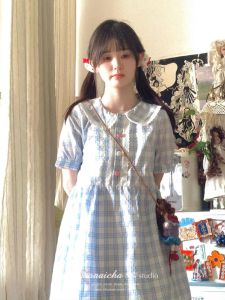 Sweet Preppy Style Blue Plaid Doll Collar Dress Womens Summer New Loose Lace Edge Princess Skirt Short Sleeve High Waist