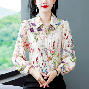 MAIMEI | Elegant Long Sleeve Womens Shirt Fashionable Korean Style Commute Floral Pattern Button Detail Straight Cut Autumn Top