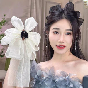 [Small Chrysanthemum] Bow Ribbon kẹp tóc Lưới Dot phong cách thanh lịch satin Kẹp tóc càng cua tóc đuôi ngựa cao kẹp tóc trang trí nội thất cho phụ nữ cô gái hàng ngày mặc quần áo phụ kiện tóc