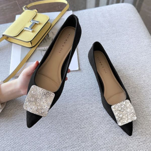 รองเท้าส้นเตี้ยหัวแหลมสำหรับผู้หญิง รองเท้าทำงานแบบสวม หัวแหลม หัวเข็มขัดสี่เหลี่ยม รองเท้าสวม ส้นเตี้ย รองเท้าแฟชั่น