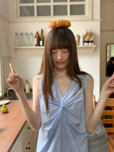 NIHAOKANONG | Áo Blouse Sọc Dây Buộc Không Tay Cổ V Màu Xanh cho Nữ