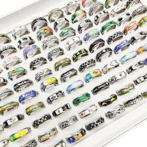 50pcs/Lot Wholesale New Mix Style Stainless Steel Finger Rings for Women Male Fashion Black White Wide Joint Ring Party Bar Gift