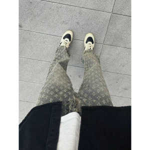 American Style Retro Floral Print Mens Jeans High Street Hip Hop Loose Straight Leg Long Trousers Full Print Casual Jeans