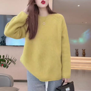 UYFY | เสื้อสเวตเตอร์ถักคอโปโลแขนยาวหลวมๆ สีเหลือง ทรงเข้ารูป แฟชั่นฤดูใบไม้ร่วง เสื้อผ้าทำงานสไตล์เกาหลีสำหรับผู้หญิง