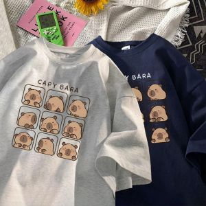 Heavyweight Pure Cotton Hong Kong Style Chic Versatile Capybara Print Short Sleeve T-Shirt Loose Summer Top for Women Couple Outfit