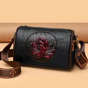 Vintage 3D Floral Womens Crossbody Bag Shoulder Bag Phone Bag - Stylish Cylinder Bag with Unique Ethnic Red Rose Embossed Design - Perfect Gift for Mom Valentines Day or Loved Ones