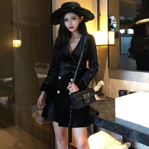 Elegant Velvet V-Neck Dress Womens Slim Fit A-Line Short Skirt Double Button High Waist Polyester Fiber Long Sleeve Daily Wear