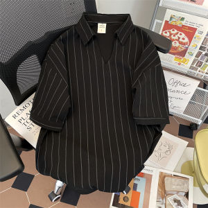 Summer Ice Silk Stripe V-Neck Short Sleeve Mens Shirt Loose Thin Vintage Hong Kong Style Casual Fashionable Youthful Top