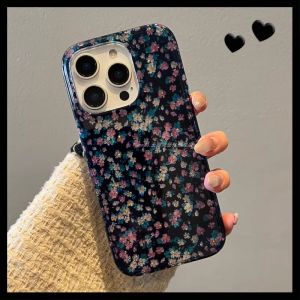 Spring Summer Floral Print Anti-Fall Protection Soft Case for Apple 16Promax New iPhone 15Pro High-End 14Artistic 13Freshness INS17 Personality Protective Cover Black Bottom Fine Glitter