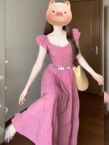 French Style Gentle Pink Summer Dress Womens A-Line Long Skirt High Waist Short Sleeve Folded Waist Slimming Beautiful Dress