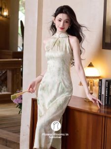 Sleeveless Halter Green Cheongsam Inspired Dress