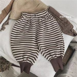 Childrens Fleece Lined Autumn Winter Stripe Sports Pants for Boys And Girls Toddler Kids Elastic Waist Long Trousers