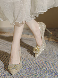 รองเท้าแต่งงานคริสตัลแชมเปญสวมใส่สองทางรองเท้าส้นสูงสบายงานแต่งงานเพชร ชุดราตรี รองเท้า ผู้หญิง รองเท้าแฟชั่นเดี่ยว