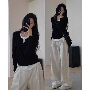 chaqi | Minimalist Style Black V-Neck Long Sleeve T-Shirt
