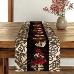 1 Piece of Halloween Themed Table Runner Skull and Red Rose Suitable for Parties Restaurants Homes Markets and Holiday Decoration Scenes.