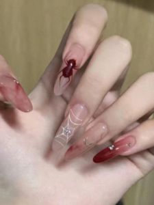 Long Wearable Fake Nails Spider Web Design with Diamond Red Brown Gradient Gel Nail Art Sweet Cool And Spicy Girl