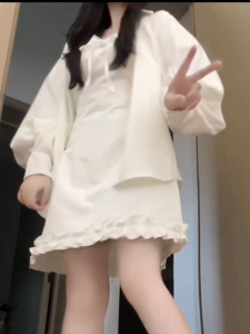 White Shirt Dress Womens V-neck Waist-cinched Mini Dress Two-piece Set Commute Style Long Sleeve High Waist Soft Fabric