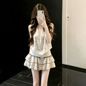 PEIZIXUAN | French Polka Dot Halter Neck Dress