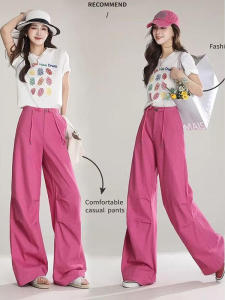Quần Dài Ống Rộng Màu Hồng Phong Cách Công Sở Thường Ngày Cho Nữ Mùa Xuân Hè Quần Dài Ống Đứng Rộng Rãi Có Dây Rút