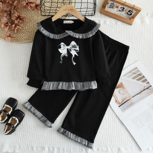 Bear Leader Baby Girls Korean Clothes Sets Autumn Bow Turn-down Collar Sweatershirt and Lace Pathwork Pants 2 Pieces Suits Kids New Clothing Outfits Terno Girls Costumes 3-7 Years