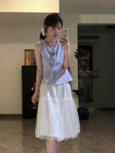 VKSOD | Korean Light Work Style Plaid Vest Shirt High Waist Mesh Half Skirt Set Womens Fashion Design Belted Clothing Two-Piece Suit