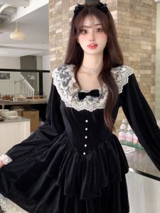 ชุดเดรสสีดำแขนยาวปานกลางผ้ากำมะหยี่หรูหรา เอวเข้ารูป กระโปรงทรงเอ แขนพอง เดรสฤดูใบไม้ร่วง/ฤดูหนาว กระโปรงทรงเอ