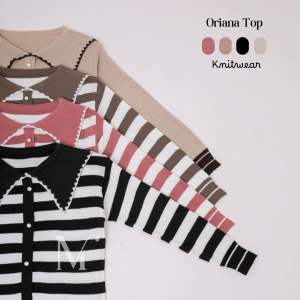 Mahara Oriana Atasan Baju Rajut Korean Style Garis Kerah Sailor Kancing Tidak Aktif