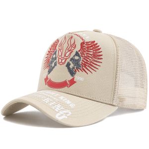 New Puck Style Cap Wing Skull Flame Embroidery Trucker Hat Breathable Mesh Cap Motorcycle Outdoor Sport Baseball Cap