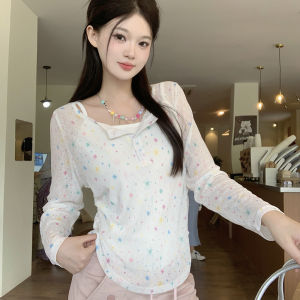 Plus Size Long Sleeves T-shirt Womens Summer Loose Belly-Covering Thin Tops Chubby Girl White Slip Top T-shirt Two-piece Set