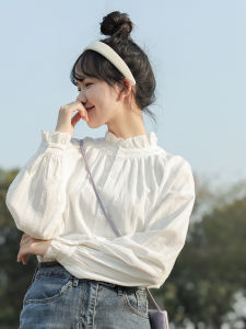 Fashionable White Floral Edge Collar Shirt for Women Long Sleeve Autumn Season Design Sense Sweet Versatile Elegant Top