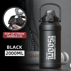 2L Insulated Water Bottle with Handle Removable Straw Outdoor Portable Stainless Steel Water Bottle with Carry Handle for Gym