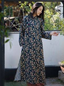 Original Floral Cotton Linen Long Cheongsam Dress Spring Autumn Stand Collar Chinese Artisanal Split Design Commute Wear