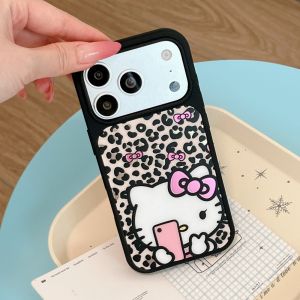 Sanrio | Luxury Skin Texture Leopard Print HelloKitty Gilded Phone Case for iPhone 17 Pro 15 16 14 Pro Max Protection Cover Cartoon Funda