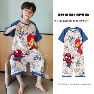 MiiOW | Áo ngủ cotton nguyên chất cho bé trai mùa hè mỏng thoáng khí dễ thương in họa tiết hoạt hình quần áo mặc nhà trẻ em MiiOW Cat Man