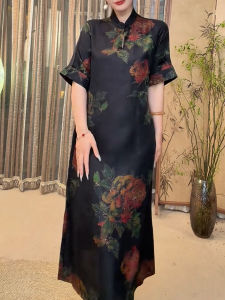 QINGNAER | Plus Size Chinese Collar Short Sleeve Floral Print Dress