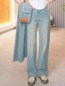 High Waist Wide Leg Denim Jeans Womens Spring Summer New Style Embroidered Ice Silk Slim Straight Cut Pants
