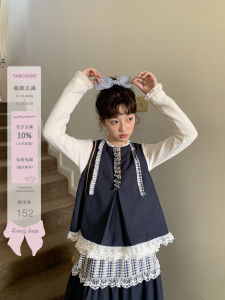 Sweet Style Short Lace Splicing Denim Vest Layering Top Jiang Jam Japanese Girls Clothing Polyester Rayon Spandex Blend