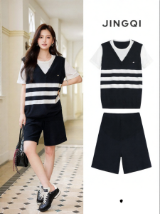 JoynCleon | Summer Maternity Suit Korean Style V-Neck Striped Vest and Shorts