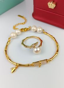 Set Perhiasan Lapis Rhodium Model Bambu Mutiara Air Tawar Kirim Dari Lombok