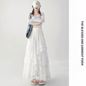 miiow | Cat Lady Lace Semi-Long Skirt Womens High Waist Slimming Drop Waist Cake Skirt Sweet Princess Style Polyester Fiber 2025 Summer