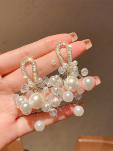 ต่างหูคริสตัลปEARL ดีไซน์เรียบง่ายหรูหราสไตล์ฝรั่งเศส ต่างหูคริสตัลคล้องหูแบบลำลองสำหรับผู้หญิง