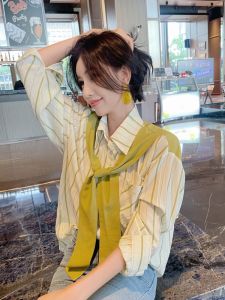 Elegant Loose Striped Long Sleeve Shirt Womens Autumn Fashion Casual Style Single Button Closure Polo Neck Regular Length