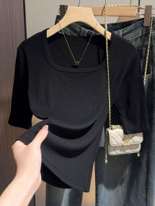 Áo Thun Nữ Cổ Vuông Tay Giữa Màu Đen Ôm Vừa Vặn Thời Trang Mùa Thu Thường Ngày Thoáng Khí Thấm Hút Mồ Hôi Chất Liệu Polyester