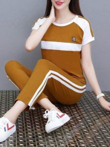 Womens Casual Sportswear Set Summer 2024 New Splice Large Size Fashion Short Sleeve Nine-Piece Pants Two-Piece Suit Polyester Fiber