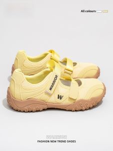 Warrior | Womens Mary Jane Sandals Hollow Out Breathable Soft Bottom Lemon Yellow Velcro Casual Style Round Toe Platform PVC Heel