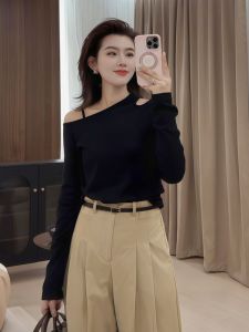 Black Shoulder-baring Long Sleeve T-shirt Slim Fit Ladies Base Shirt 2025 New Spring Design Inner Wear Casual Women Top