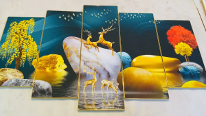 (HÌNH THẬT) Bộ 5 tấm tranh hươu vàng trên đá cuội trang trí decor phòng khách kèm đinh