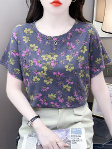 Summer Womens Printed White Short Sleeve T-Shirt Korean Style Loose Versatile Shoulder Top Cotton Blend Comfortable Fit