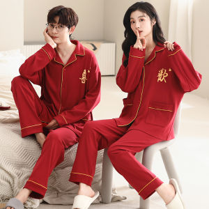 Bộ đồ ngủ MiiOW cho nam và nữ vải cotton 100% màu đỏ dài tay cạp cao